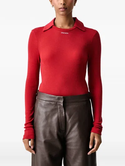 Stine Goya Ribbed-knit Long-sleeve Polo Top In Red