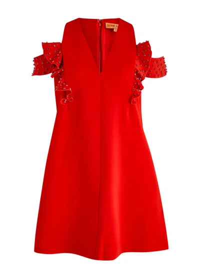 Stine Goya Ruffled Crystal-embellished Crepe Mini Dress In Red
