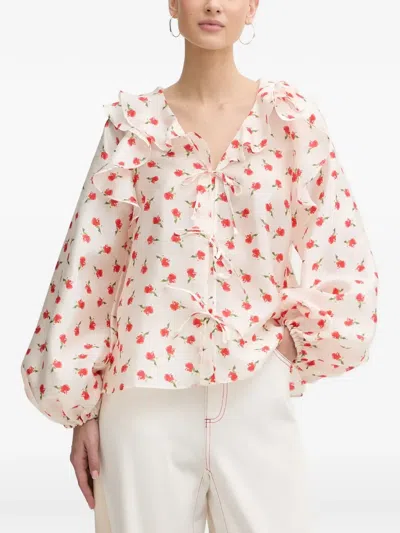 Stine Goya Ruffled Floral-print Blouse In Neutral
