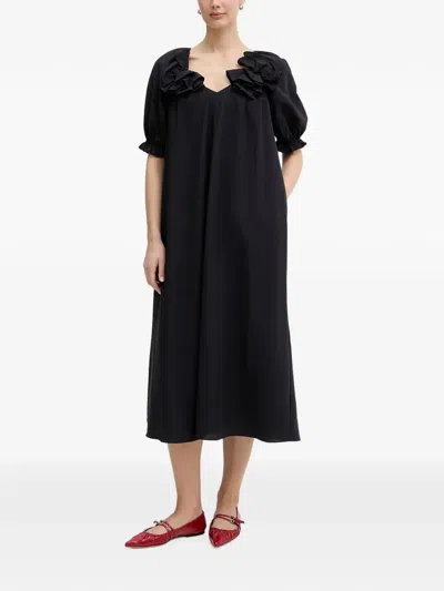 Stine Goya Ruffled Puff-sleeve Midi Dress In Black