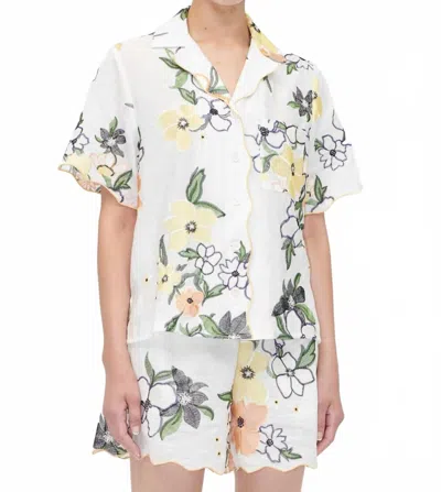 Stine Goya Scalloped Short Sleeve Shirt In Wild Flowers Embroidery In White