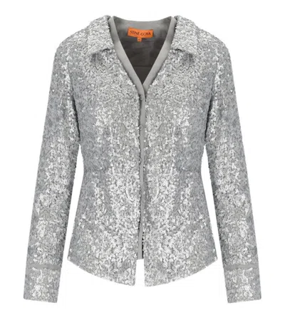 STINE GOYA SILVER SEQUINED SHIRT WITH DOUBLE COLLAR AND POCKETS