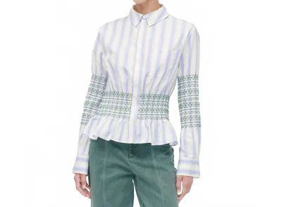 Stine Goya Smocked Gathered Boyfriend Shirt In Pastel Stripes In Multi