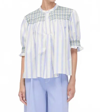 Stine Goya Smocked Gathered Top In Pastel Stripes In White