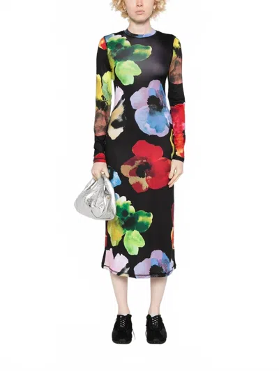 Stine Goya Stretch Long Sleeve Midi Dress In Watercolor Bloom In Black