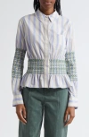 Stine Goya Stripe Smock Detail Organic Cotton Button-up Shirt In Blue