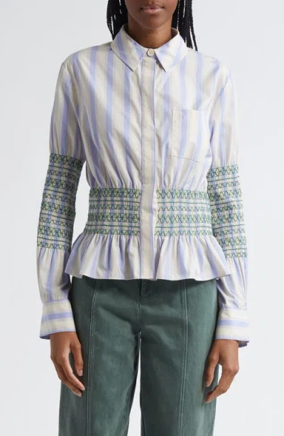 Stine Goya Stripe Smock Detail Organic Cotton Button-up Shirt In Blue