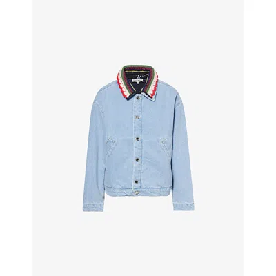 Stine Goya Womens Denim Blue Knitted-collar Padded Denim Bomber Jacket