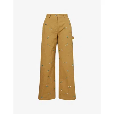 Stine Goya Womens Wild Flower Beads Bead-embellished Wide-leg High-rise Cotton Trousers In Brown