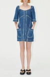 Stine Goya Yvonne Topstitch Detail Denim Minidress In Trompe Loeil