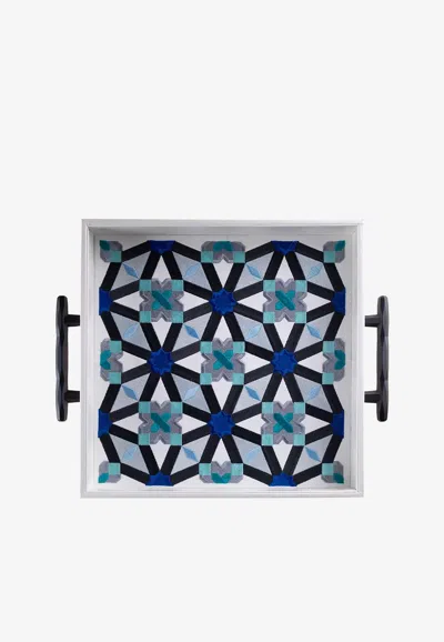 Stitch Oriental Leather Tray With Handles In Blue