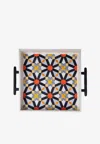 Stitch Oriental Leather Tray With Handles In Multicolor