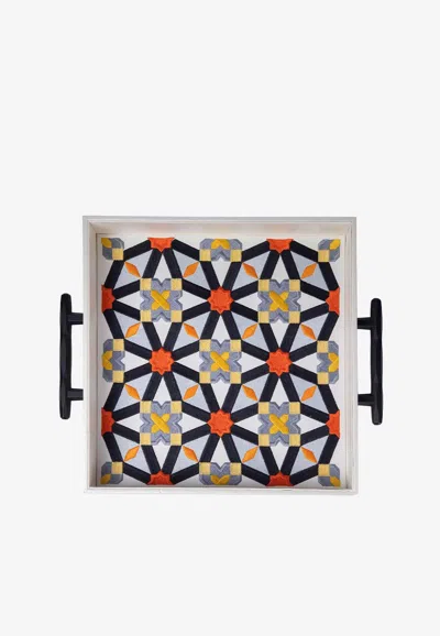 Stitch Oriental Leather Tray With Handles In Multicolor