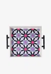 Stitch Oriental Leather Tray With Handles In Multicolor