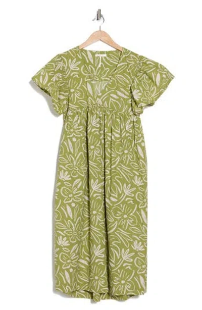 Stitchdrop Nevis Print Flutter Sleeve Dress In Pear