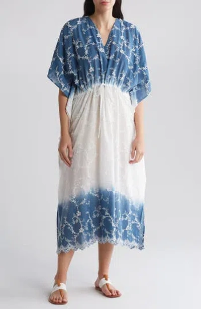 Stitchdrop Seaprise Embroidered Dip Dye Cotton Midi Dress In White/anchor