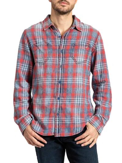 Stitch's Jeans Men's Plaid Button Down Shirt In Blue Red