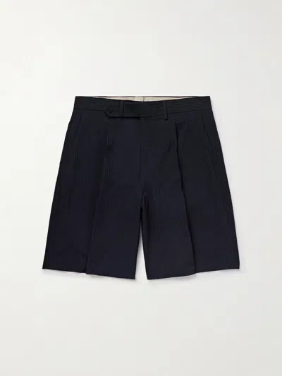 Stòffa Pleated Wool-seersucker Shorts In Blue