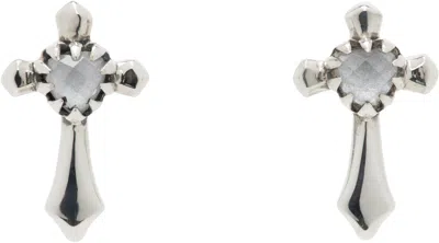 Stolen Girlfriends Club Ssense Exclusive Silver Gothic Cross Stud Earrings In Silver/clear Quartz