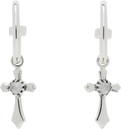 Stolen Girlfriends Club Ssense Exclusive Silver Gothic Side Cross Anchor Earrings In Silver/clear Quartz