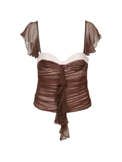 Stolen Stores Ruffled Ruched Top In Brown