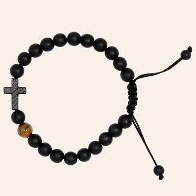 Stone & Spur Men's Black Stone & Tiger's Eye American Flag Cross Pendant Beaded Bracelet