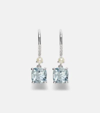Stone And Strand 14kt White Gold Earrings With Aquamarines, Pearls, And Diamonds In Silver