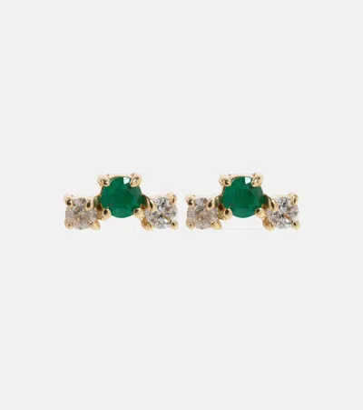 Stone And Strand Dainty Emerald Goddess 14kt Gold Stud Earrings With Emeralds And Diamonds