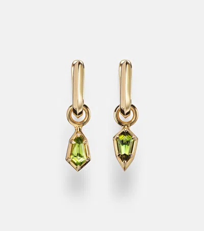 Stone And Strand Knife Edge Shield 14kt Gold Hoop Earrings With Green Tourmaline In Purple