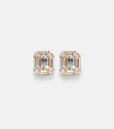 Stone And Strand Shield Of Strength 14kt Gold Earrings With Diamonds And Aquamarine In Pattern