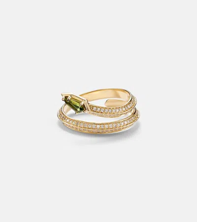 Stone And Strand Shield Serpent 14kt Gold Ring With Diamonds And Green Tourmaline In Purple