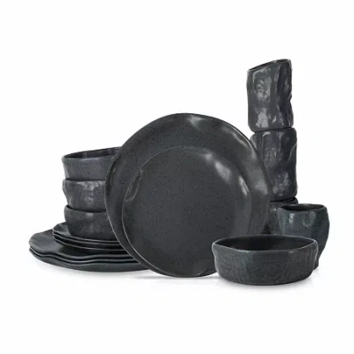 Stone By Mercer Project Atik 16-pc. Stoneware Dinnerware Set In Black