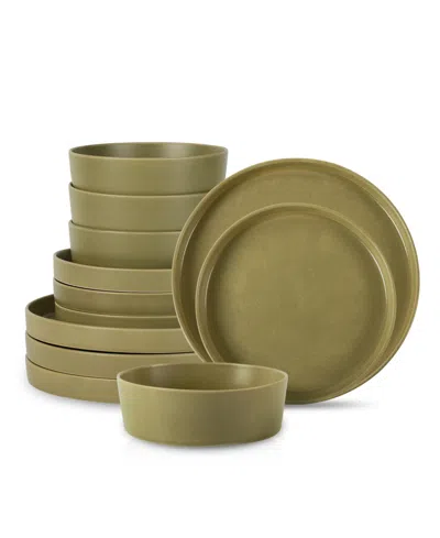 Stone By Mercer Project Modan Stoneware 12 Pc. Dinnerware Set, Service For 4 In Green