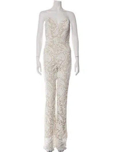 Pre-owned Stone Cold Fox Lace Pattern V-neck Jumpsuit In White