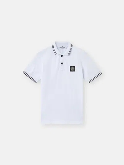 Stone Island Contrasting Trim Logo Patch Cotton Blend Polo Shirt In White