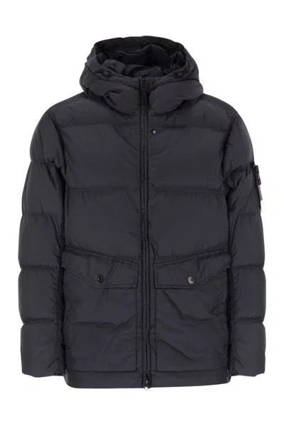 Stone Island Hooded Quilted Down Jacket With Branded Patch In Black