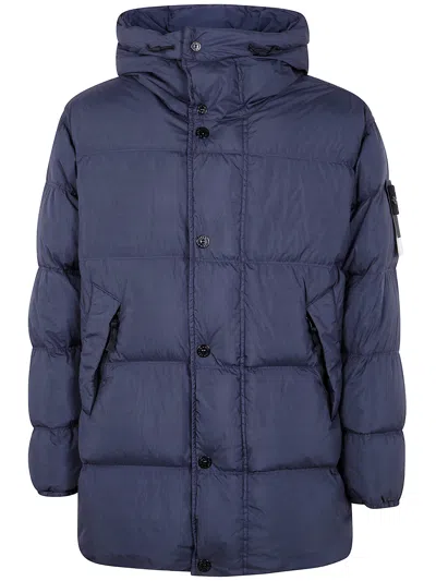 Stone Island Quilted Blue Padded Jacket With Hood And Oversized Fit