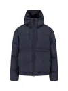 Stone Island Blue Down Jacket With Drawstring Hood And Logo Patch On The Sleeve In Tech Fabric Man In Blue