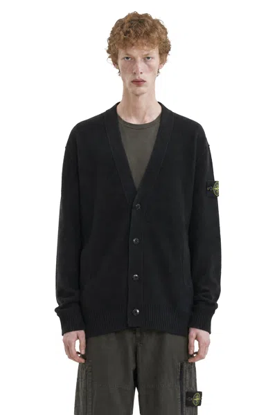 Stone Island Logo Medallion Knitted Cardigan In Blue