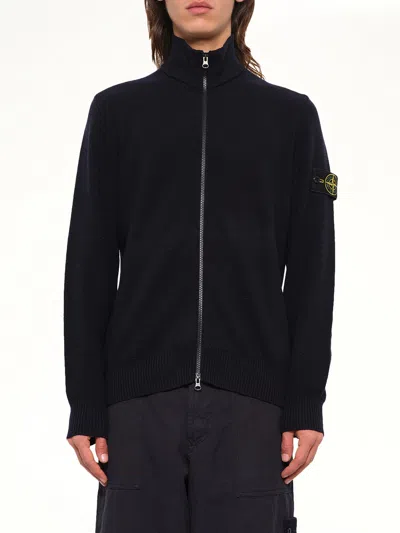 Stone Island 5100012 Light Rws Wool Zip-up Cardigan In Black