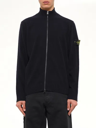 Stone Island 5100023 Light Rws Geelong Wool Zip-up Cardigan In Blue