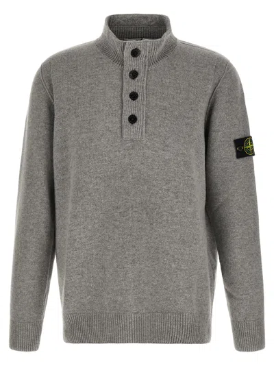 Stone Island Ribbed Wool Sweater With Felt-trim Stand-up Collar And Short Zip Closure In Gray
