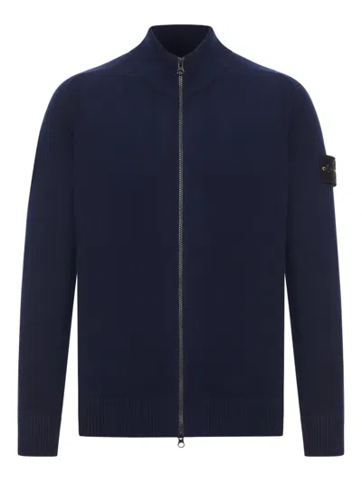 Stone Island Certified Virgin Wool Blend Cardigan In Blue