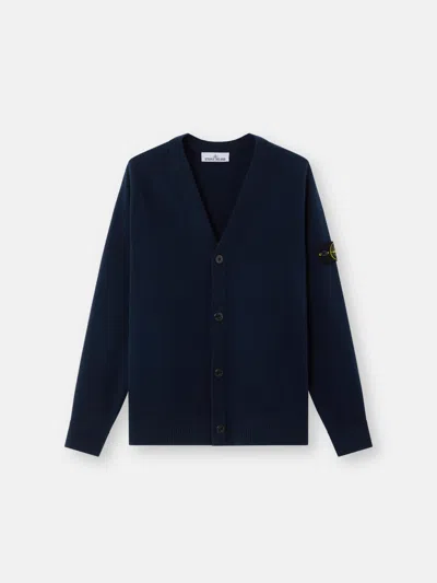 Stone Island Compass Patch V-neck Knitted Cardigan In Blue