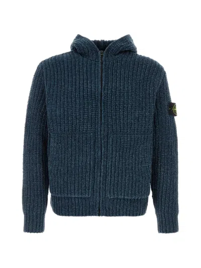 Stone Island Knitted Cotton-chenille Zip-up Hoodie In Blue