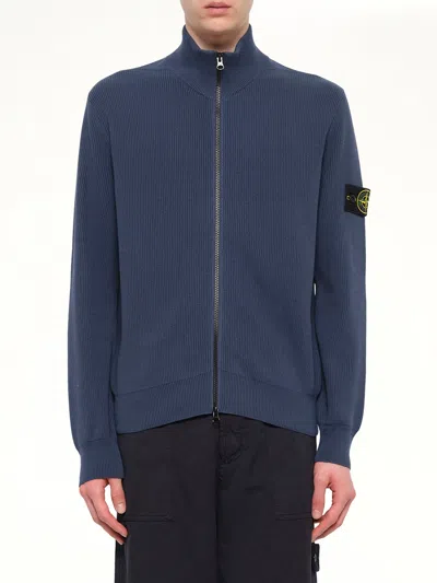 Stone Island 5100126 Ribbed Cotton Zip-up Cardigan In Blue
