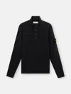 Stone Island High Collar Pullover With Buttoned Placket And Logo Patch In Black