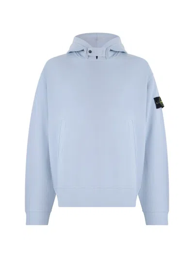 Stone Island 6100023 Brushed Organic Cotton Fleece Hooded Sweatshirt In Blue