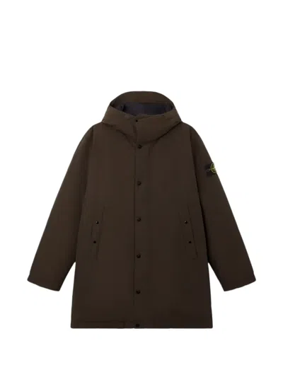 Stone Island Parka Lungo Imbottito In Piuma Con Antigoccia In Brown