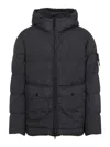 Stone Island Blue Down Jacket With Drawstring Hood And Logo Patch On The Sleeve In Tech Fabric Man In Black
